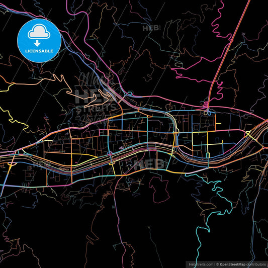 Tianshui, Gansu, China, colorful city map on black background