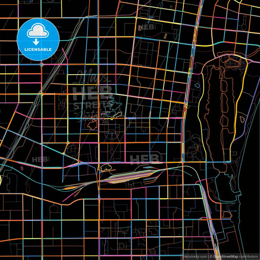 Rizhao, Shandong, China, colorful city map on black background