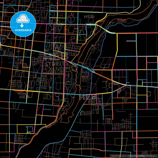 Shouguang, Shandong, China, colorful city map on black background