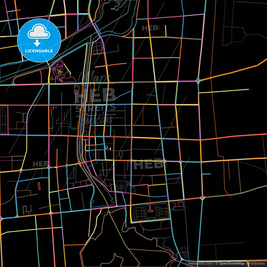 Zhucheng, Shandong, China, colorful city map on black background