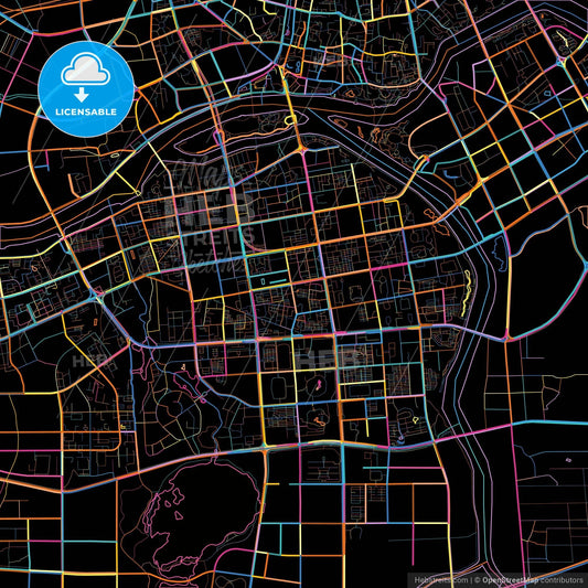 Jinhua, Zhejiang, China, colorful city map on black background