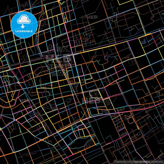 Taixing, Jiangsu, China, colorful city map on black background