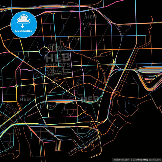 Qinhuangdao, Hebei, China, colorful city map on black background