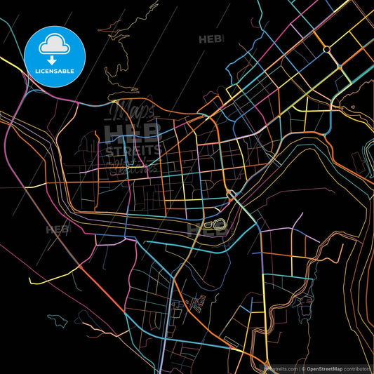 Linhai, Zhejiang, China, colorful city map on black background