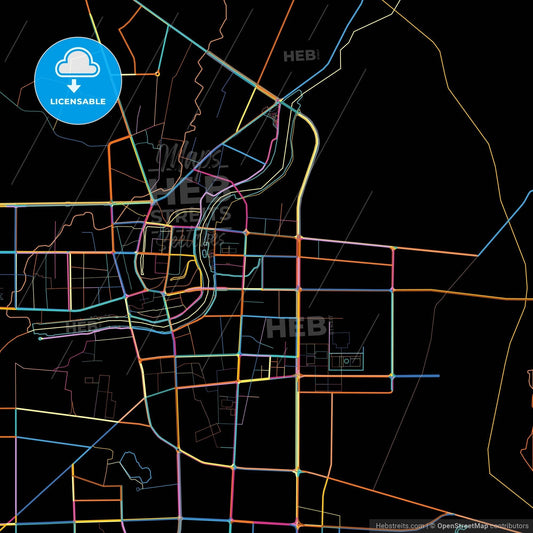 Zaoyang, Hubei, China, colorful city map on black background
