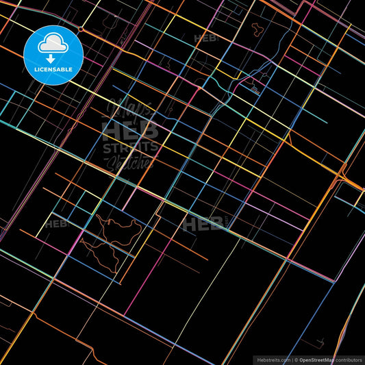 Qidong, Jiangsu, China, colorful city map on black background