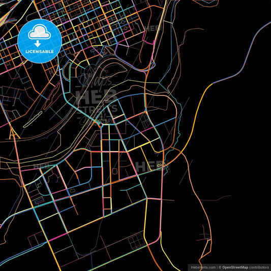 Mudanjiang, Heilongjiang, China, colorful city map on black background