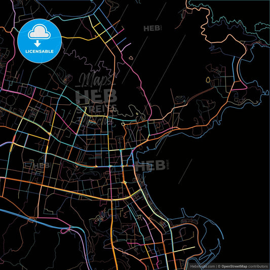 Weihai, Shandong, China, colorful city map on black background