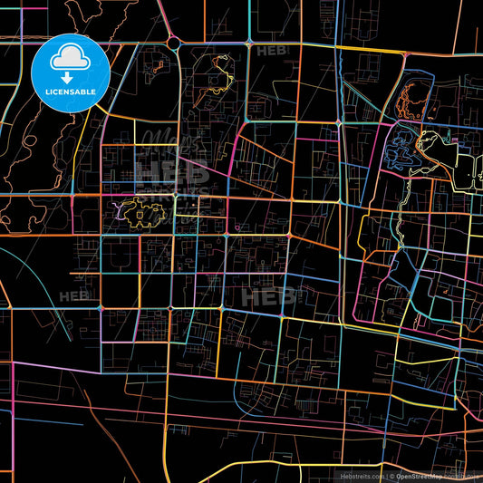 Kaifeng, Henan, China, colorful city map on black background