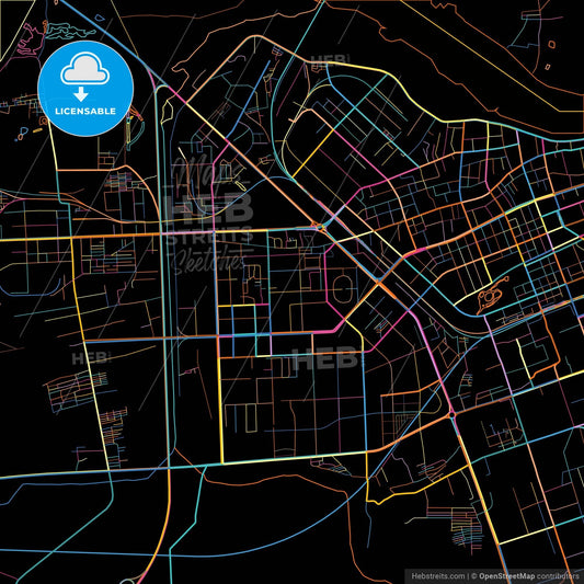 Jiamusi, Heilongjiang, China, colorful city map on black background