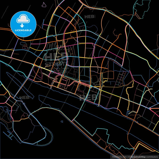 Zhoushan, Zhejiang, China, colorful city map on black background