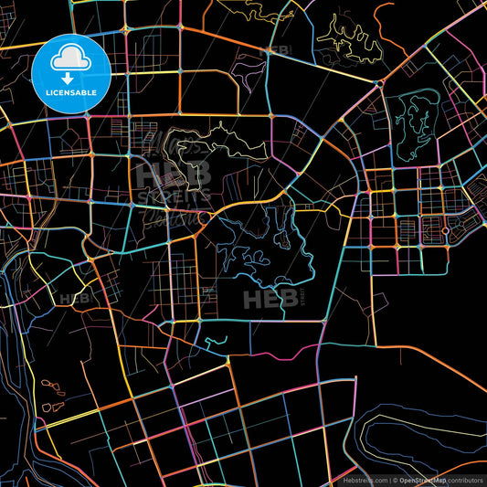 Yangjiang, Guangdong, China, colorful city map on black background