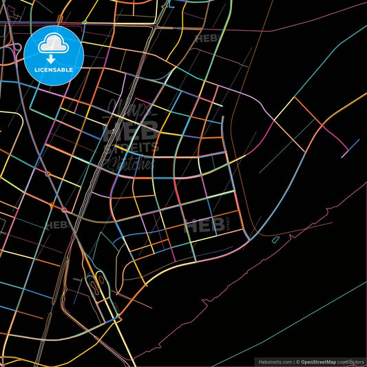 Jingjiang, Jiangsu, China, colorful city map on black background