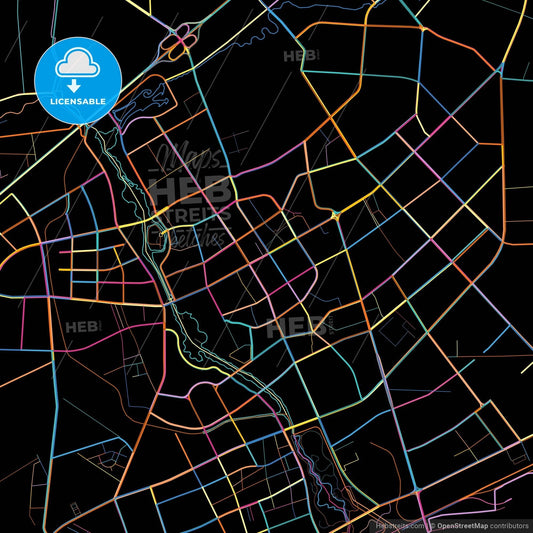 Aksu, Xinjiang, China, colorful city map on black background