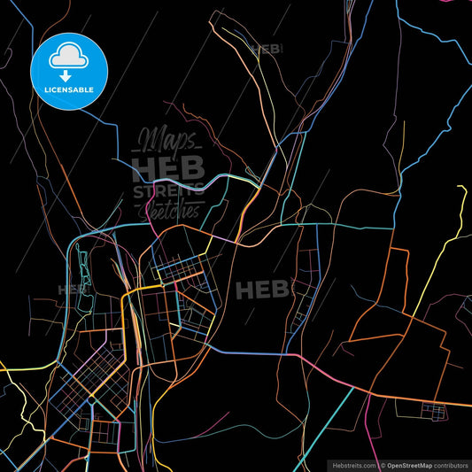 Hegang, Heilongjiang, China, colorful city map on black background