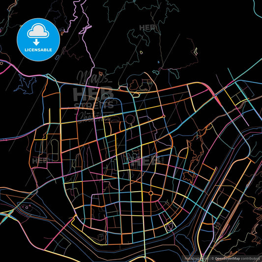 Lishui, Zhejiang, China, colorful city map on black background