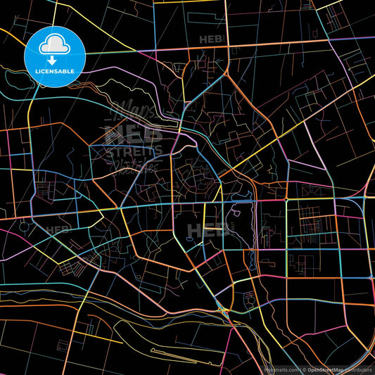 Kashgar, Xinjiang, China, colorful city map on black background