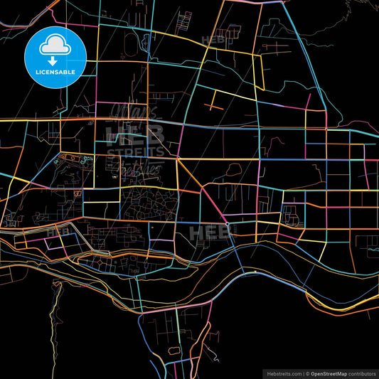 Lhasa, Tibet, China, colorful city map on black background