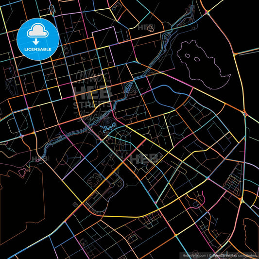 Karamay, Xinjiang, China, colorful city map on black background