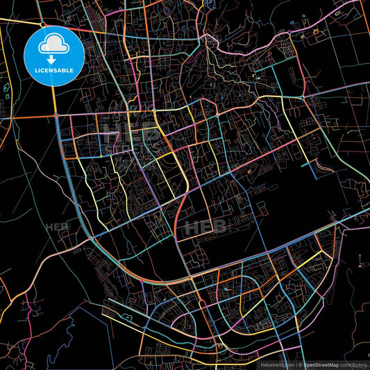 Lijiang, Yunnan, China, colorful city map on black background