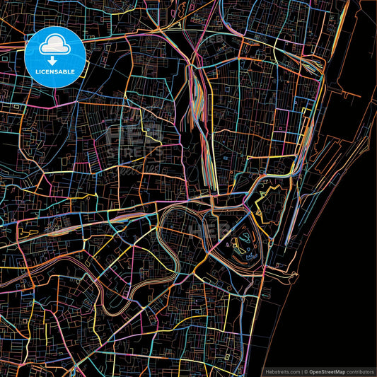 Chennai, Tamil Nadu, India, colorful city map on black background