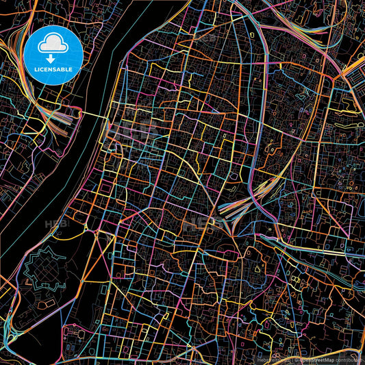 Kolkata, West Bengal, India, colorful city map on black background