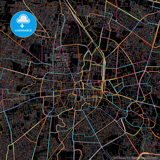 Indore, Madhya Pradesh, India, colorful city map on black background