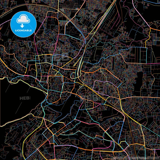 Bhopal, Madhya Pradesh, India, colorful city map on black background