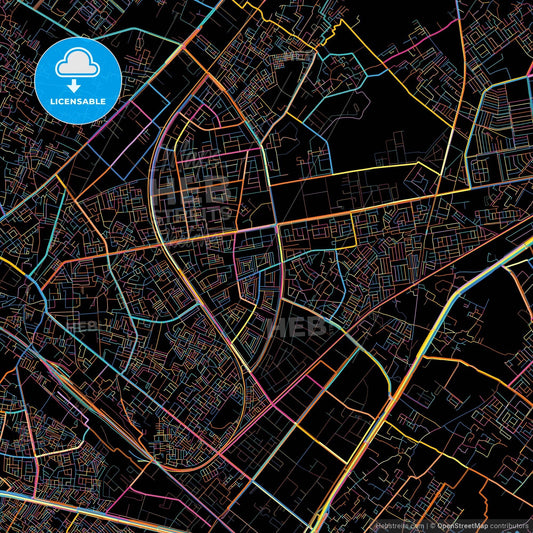 Ghaziabad, Uttar Pradesh, India, colorful city map on black background