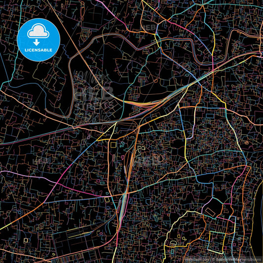 Varanasi, Uttar Pradesh, India, colorful city map on black background