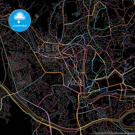 Srinagar, Jammu and Kashmir, India, colorful city map on black background