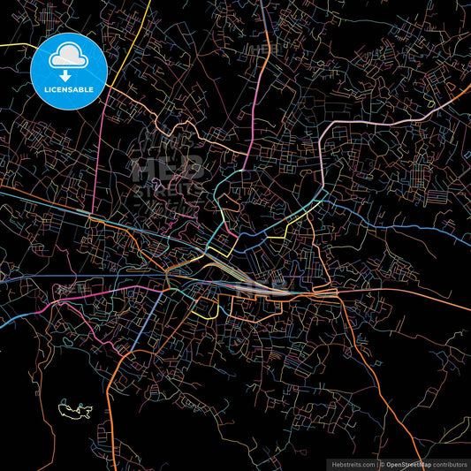Dhanbad, Jharkhand, India, colorful city map on black background