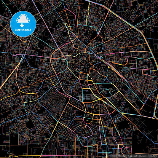 Jalandhar, Punjab, India, colorful city map on black background
