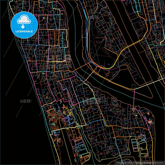 Kochi, Kerala, India, colorful city map on black background