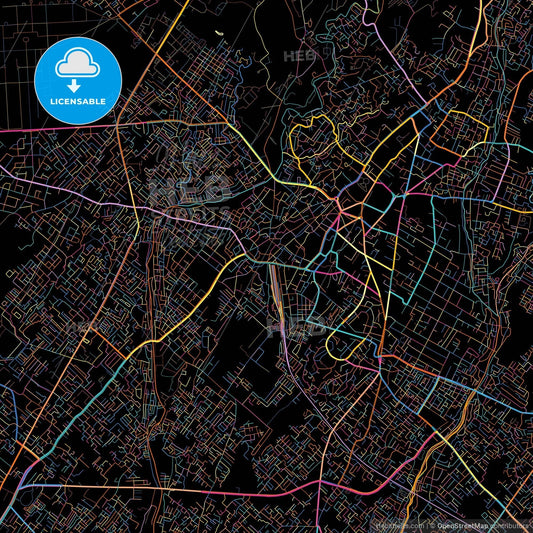 Dehradun, Uttarakhand, India, colorful city map on black background