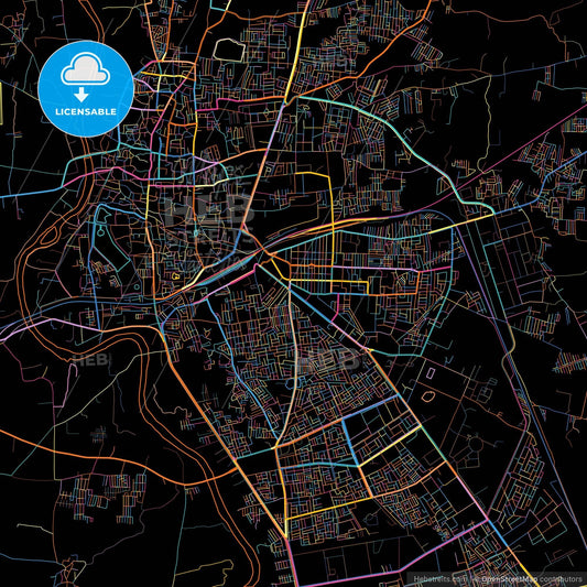 Ujjain, Madhya Pradesh, India, colorful city map on black background