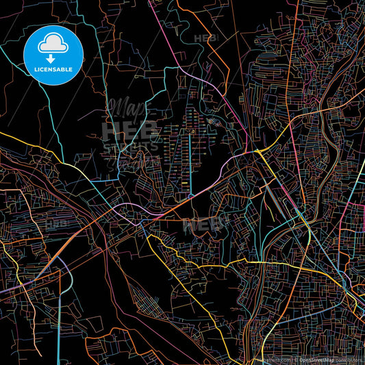 Siliguri, West Bengal, India, colorful city map on black background