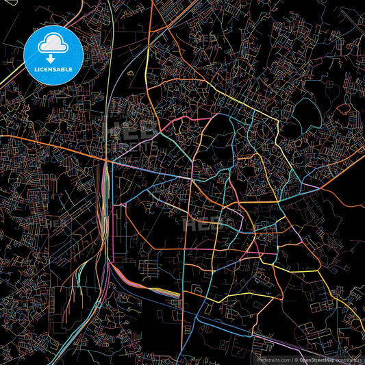 Jhansi, Uttar Pradesh, India, colorful city map on black background