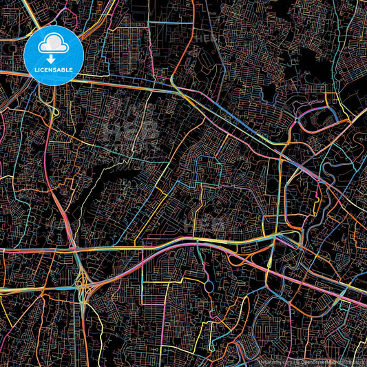 Bekasi, West Java, Indonesia, colorful city map on black background