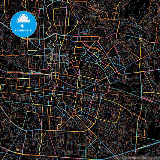Bandung, West Java, Indonesia, colorful city map on black background