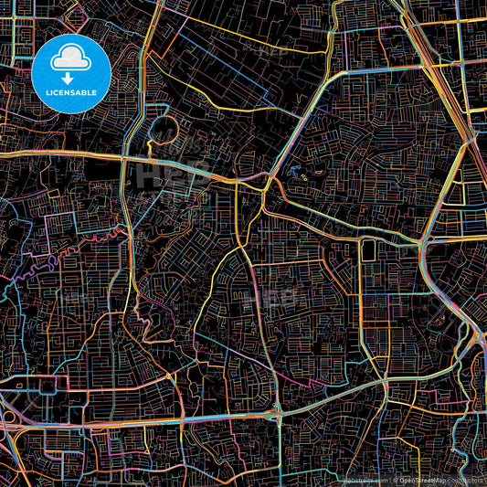 West Jakarta, Indonesia, colorful city map on black background