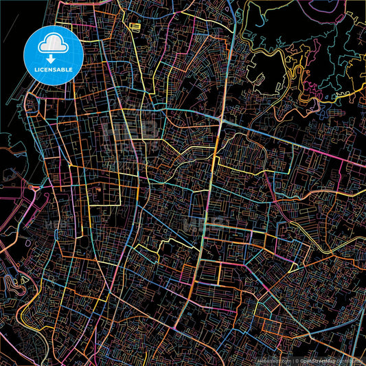 Makassar, South Sulawesi, Indonesia, colorful city map on black background