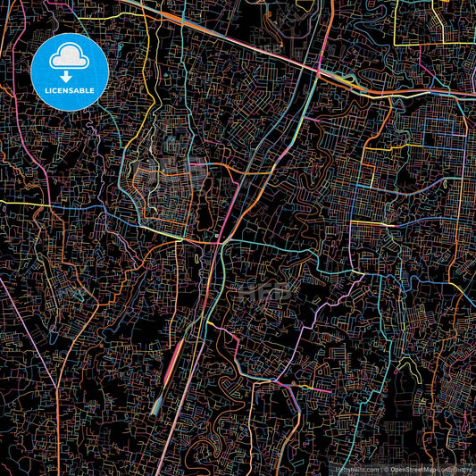 Depok, West Java, Indonesia, colorful city map on black background