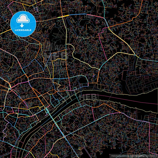 Palembang, South Sumatra, Indonesia, colorful city map on black background