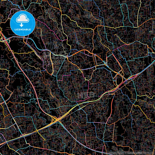 South Tangerang, Banten, Indonesia, colorful city map on black background