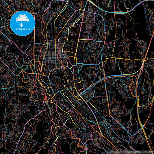 Bogor, West Java, Indonesia, colorful city map on black background