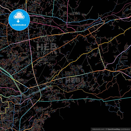 Padang, West Sumatra, Indonesia, colorful city map on black background