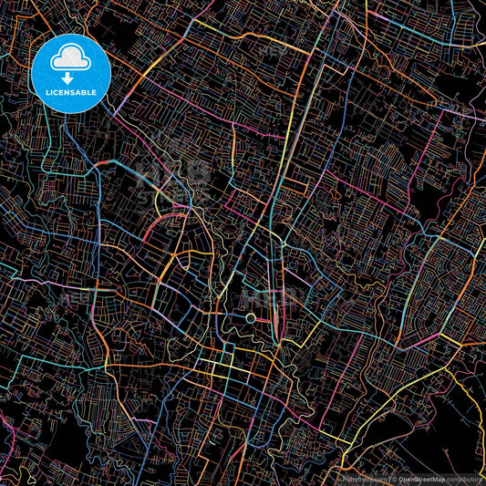 Malang, East Java, Indonesia, colorful city map on black background