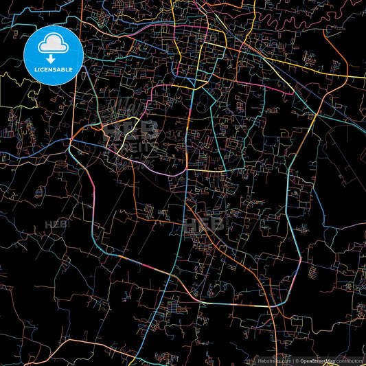 Tasikmalaya, West Java, Indonesia, colorful city map on black background