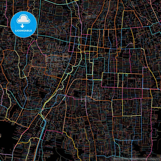 Denpasar, Bali, Indonesia, colorful city map on black background